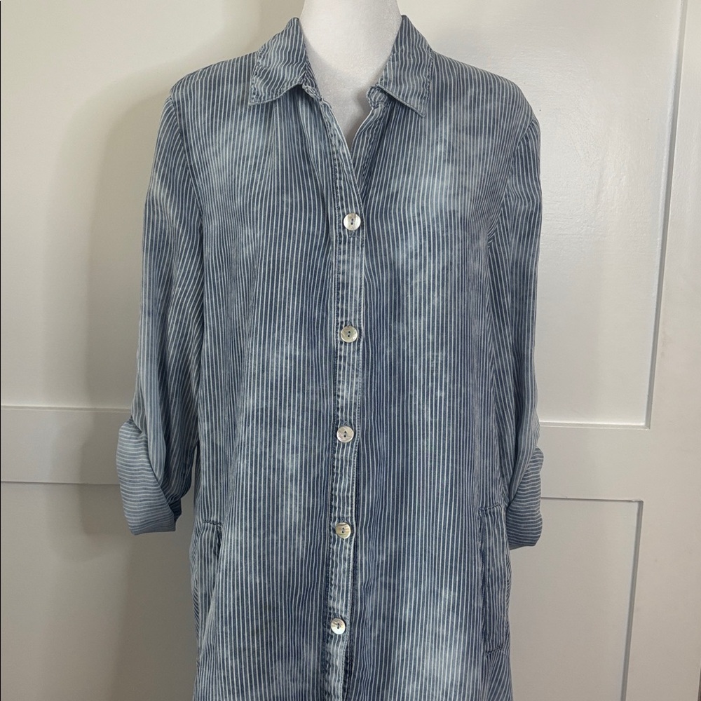 T&J Designs Blue and White Striped long shirt/ short dress - Picture 2 of 7
